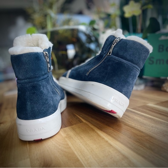 PRADA38 / 8Linea Rossa Sport Shearling-Trimmed Suede High-Top Sneaker Boot